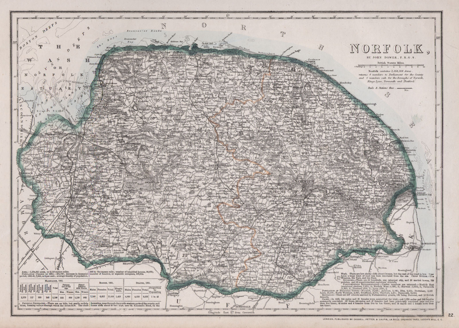NORFOLK. County. Shows extensive proposed Wash land reclamation. DOWER 1868 map